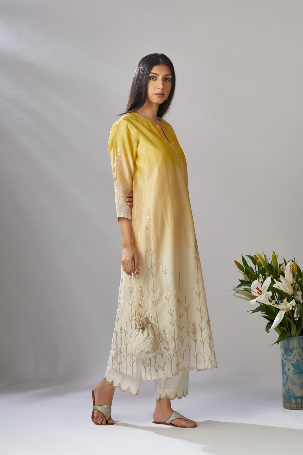 Ombre dyed straight kurta set with gota embroidered bottom hem