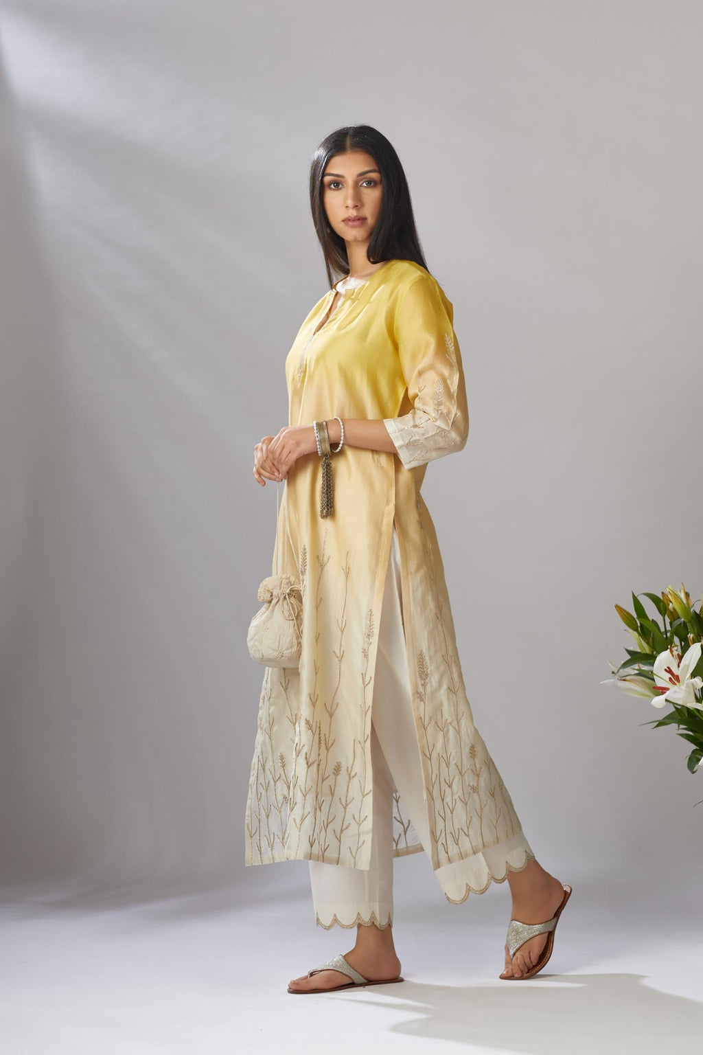Ombre dyed straight kurta set with gota embroidered bottom hem