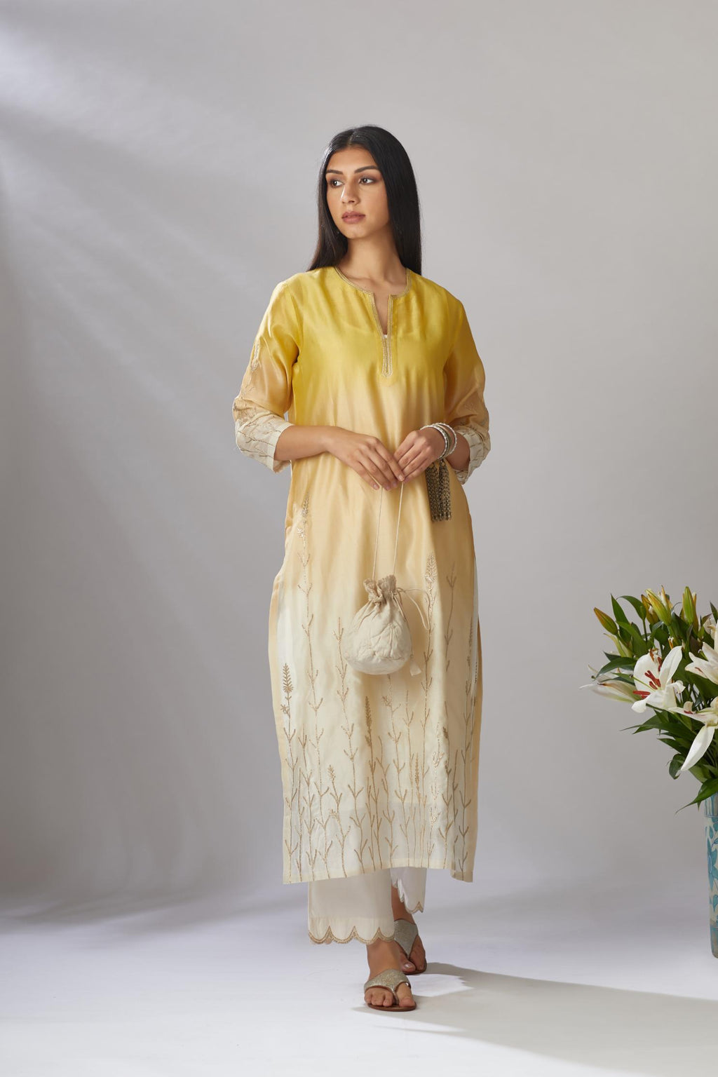 Ombre dyed straight kurta set with gota embroidered bottom hem