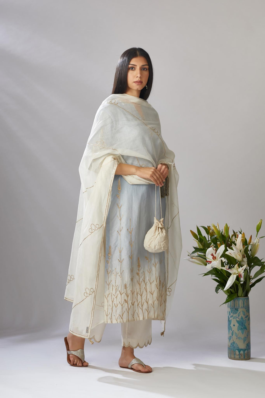 Ombre dyed straight kurta set with gota embroidered bottom hem