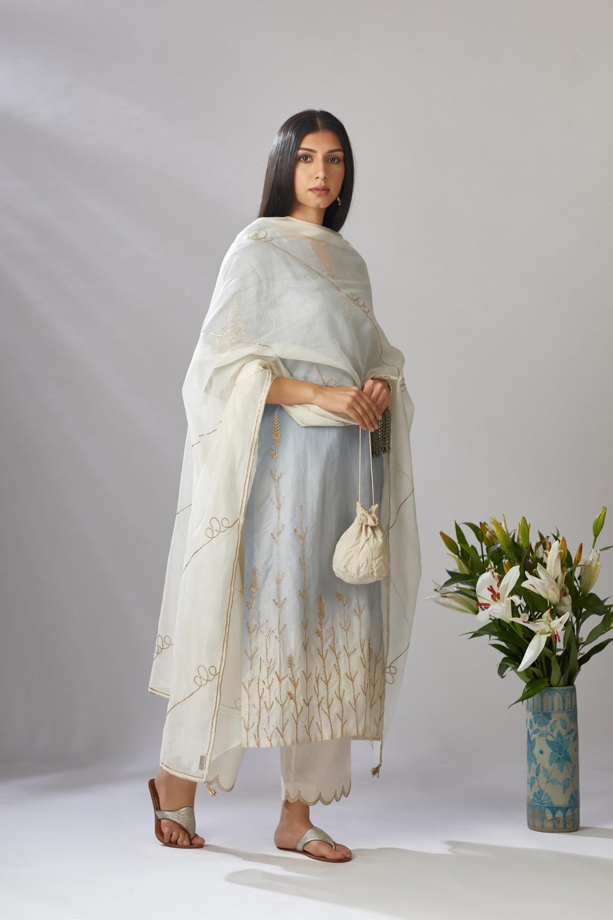 Ombre dyed straight kurta set with gota embroidered bottom hem