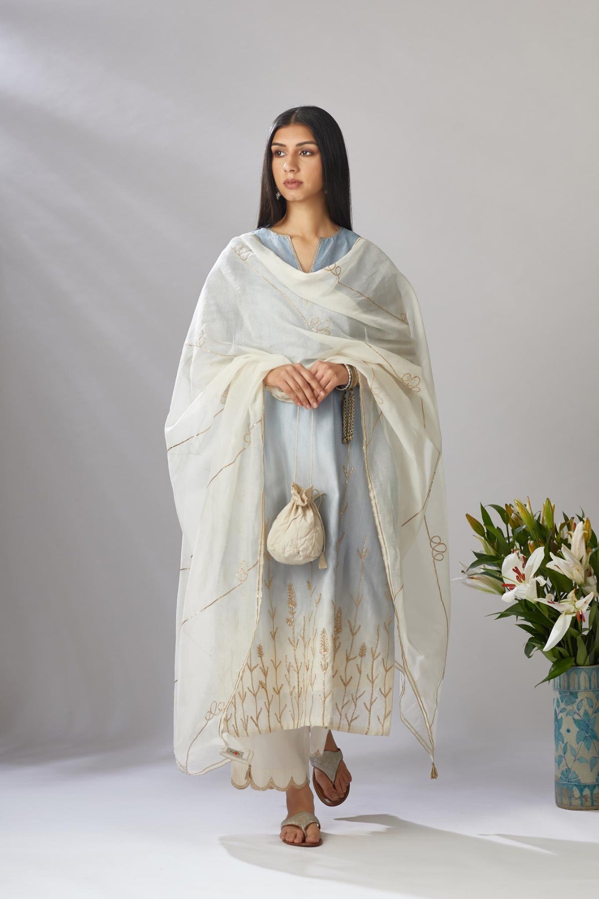 Ombre dyed straight kurta set with gota embroidered bottom hem