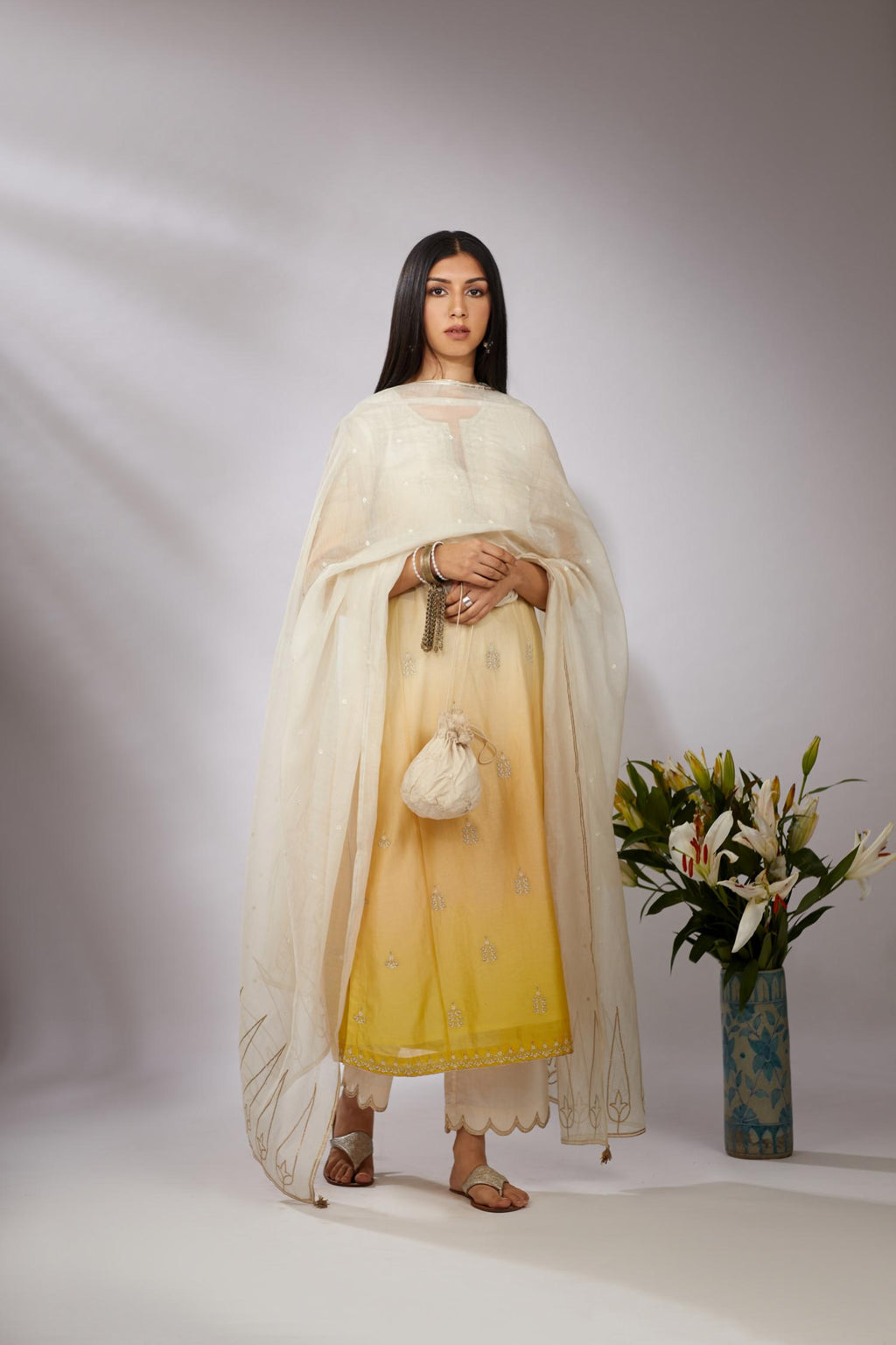 Ombre dyed straight kurta set, detailed with floral thread and zari embroidery