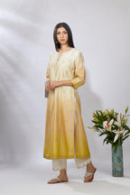 Ombre dyed straight kurta set, detailed with floral thread and zari embroidery