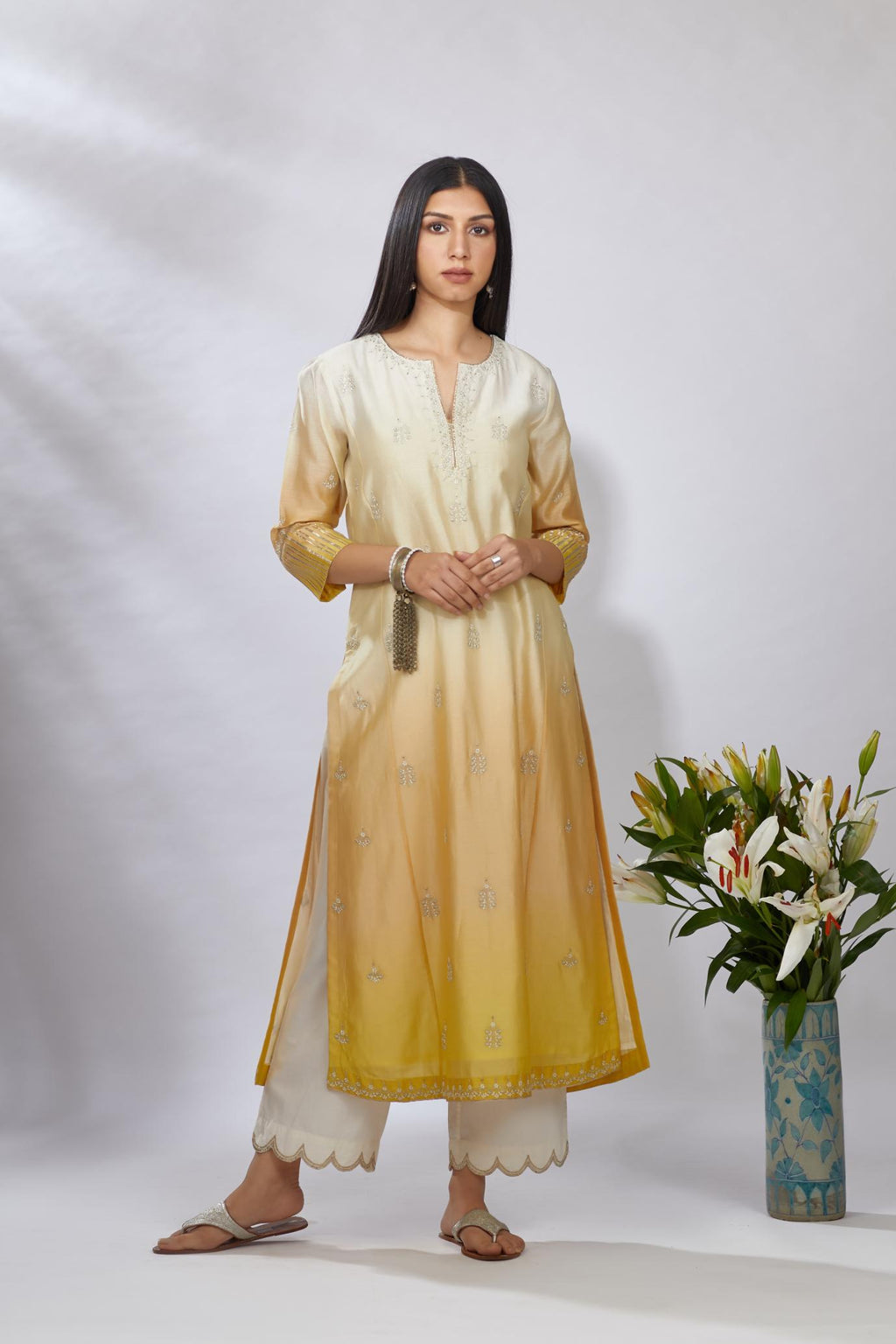 Ombre dyed straight kurta set, detailed with floral thread and zari embroidery