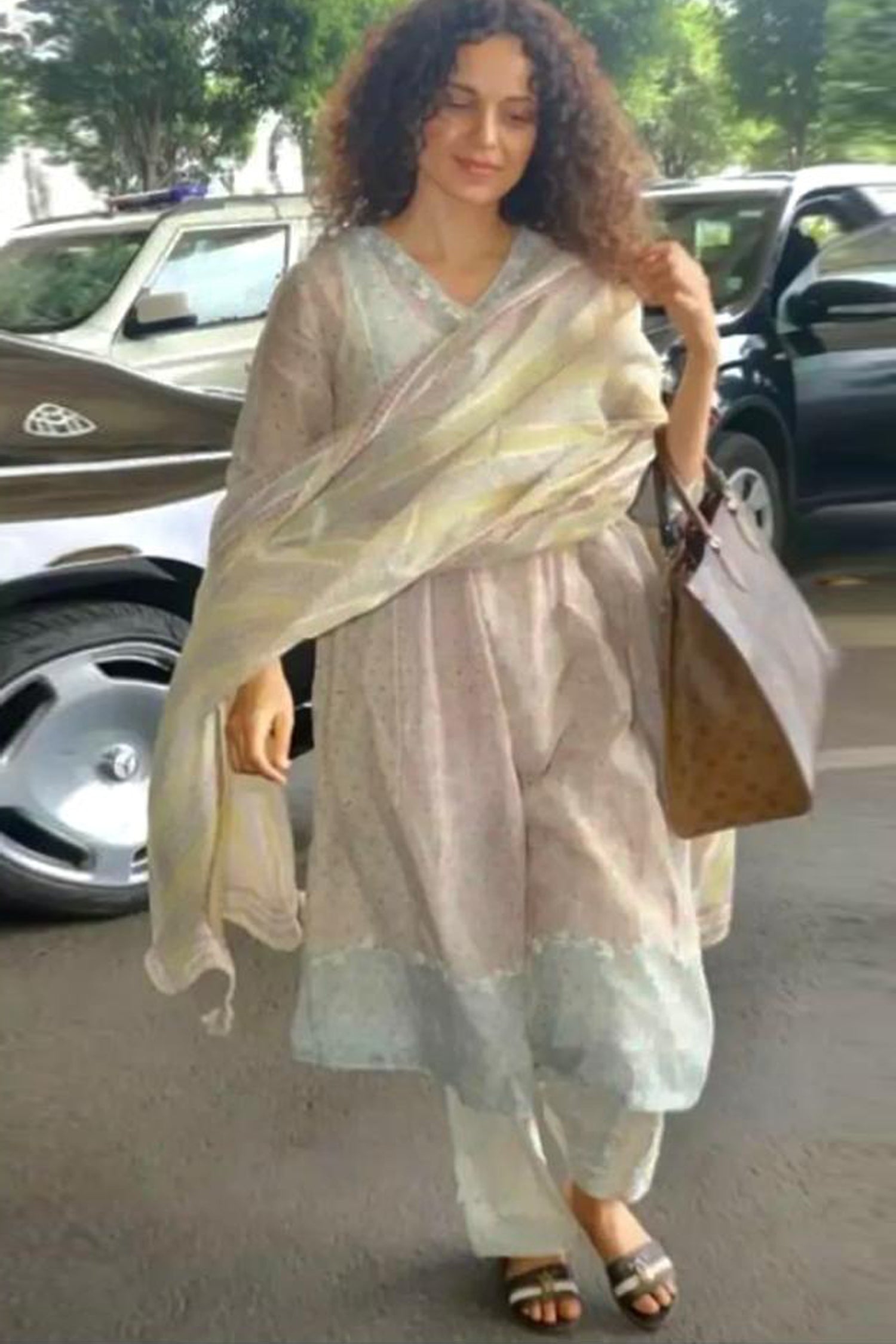 Mixed print hand-block printed easy fit straight kurta set with thread and chiffon embroidery flowers.