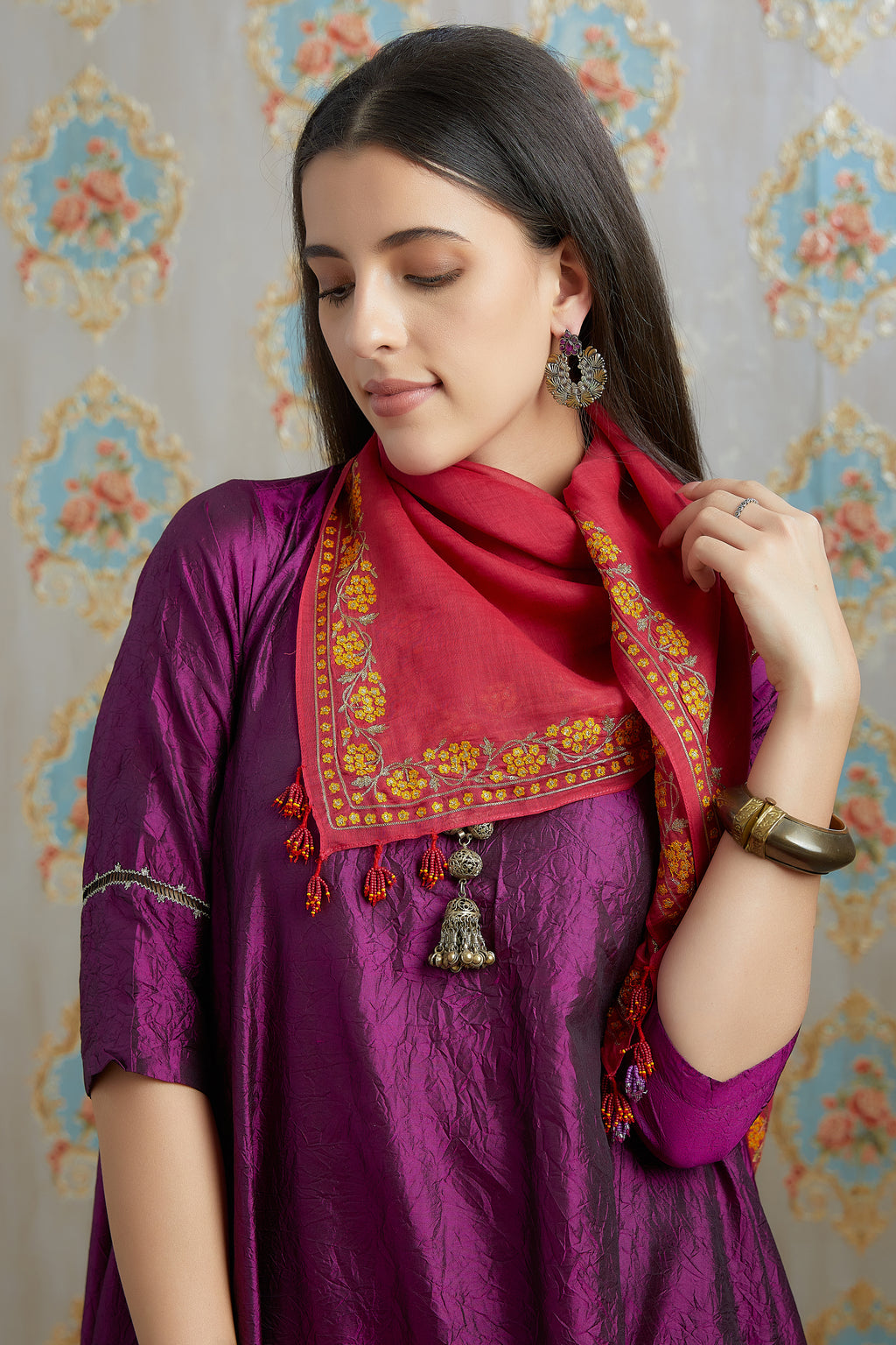 Deep wine scarf with contrasting thread and zari embroidery