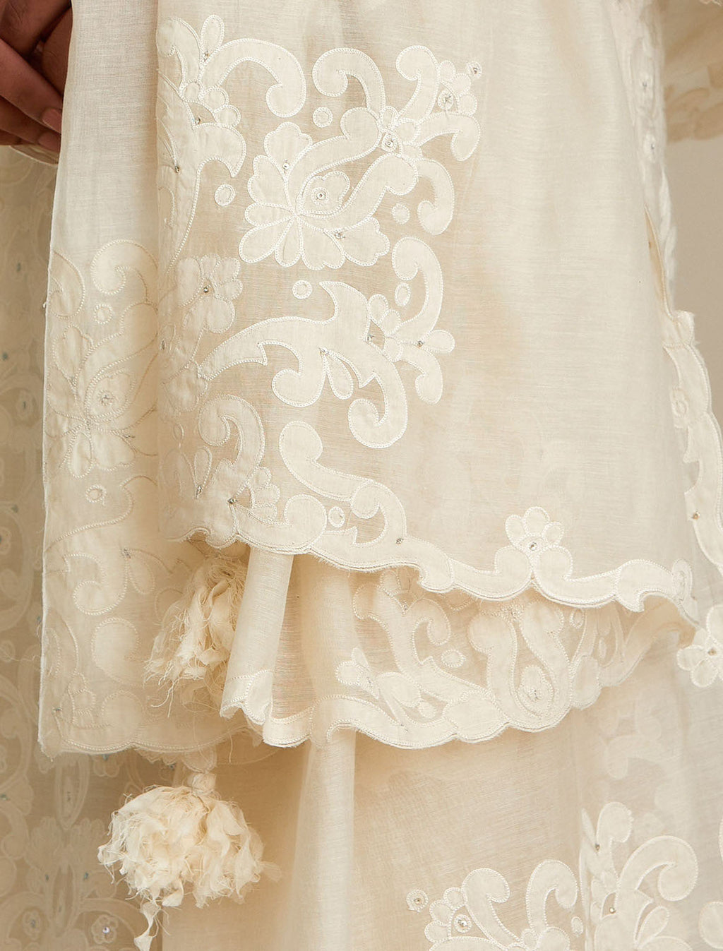 Off white cotton chanderi dupatta with cotton appliqué embroidery and sequin detail. (Dupatta)