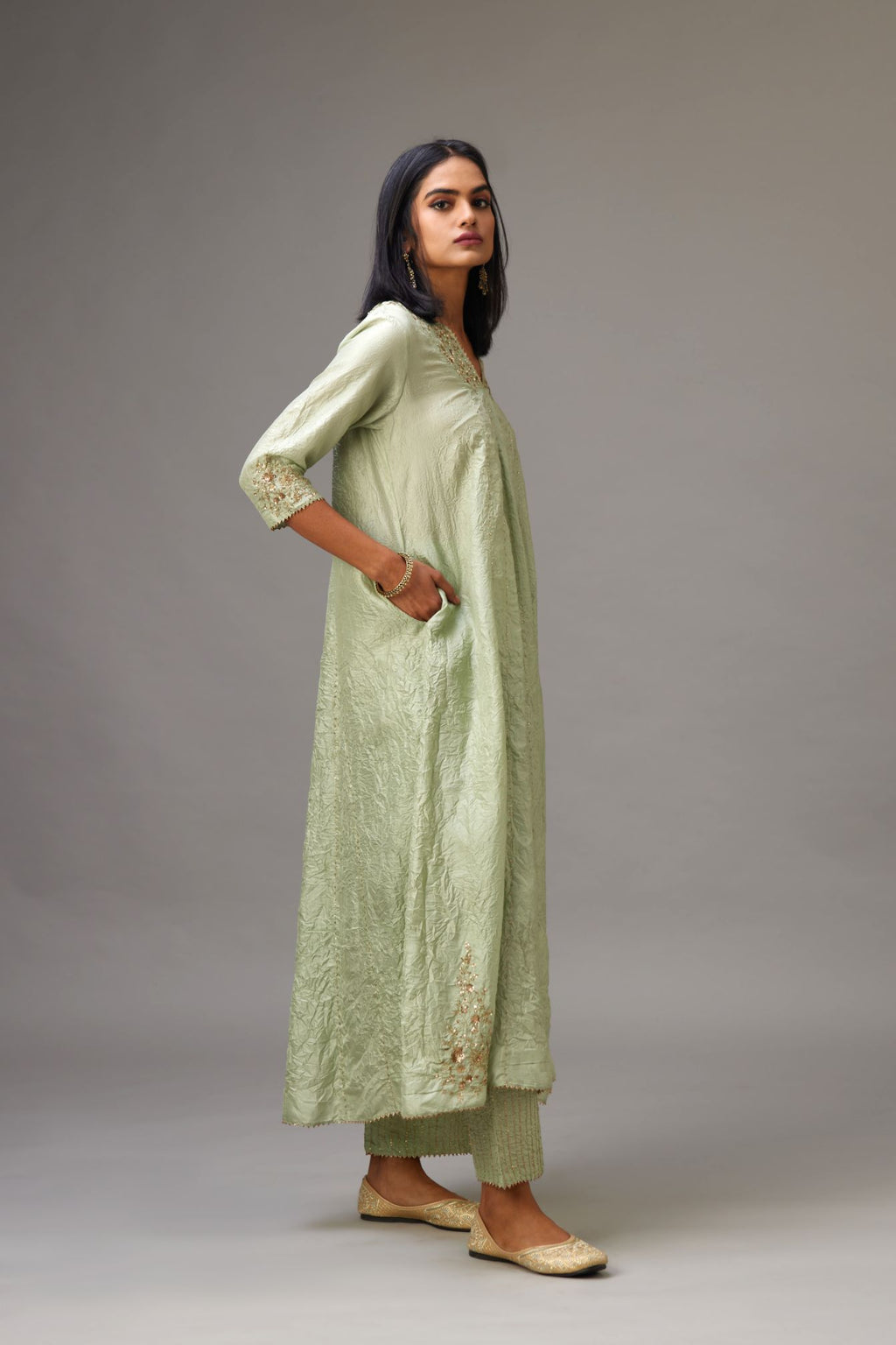 Green hand crushed silk kurta dress set with a V neck embroidered yoke and panels.