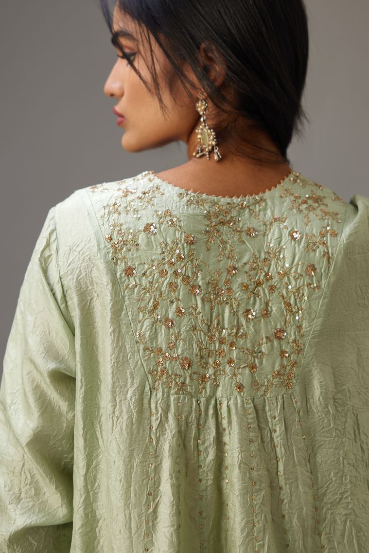 Green hand crushed silk kurta dress set with a V neck embroidered yoke and panels.