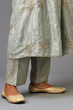 Blue silk hand crushed V neck gathered kurta set, highlighted with all-over gold sequins boota.
