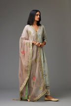 Blue silk hand crushed V neck gathered kurta set, highlighted with all-over gold sequins boota.