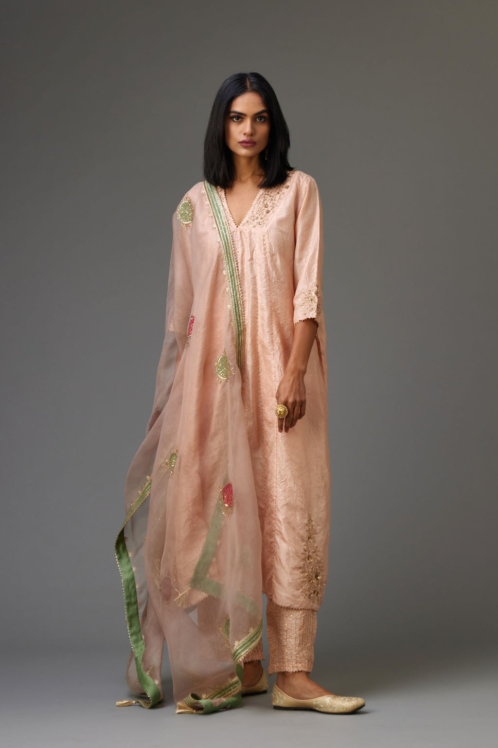 Pink hand crushed silk kurta dress set with a V neck embroidered yoke and panels.