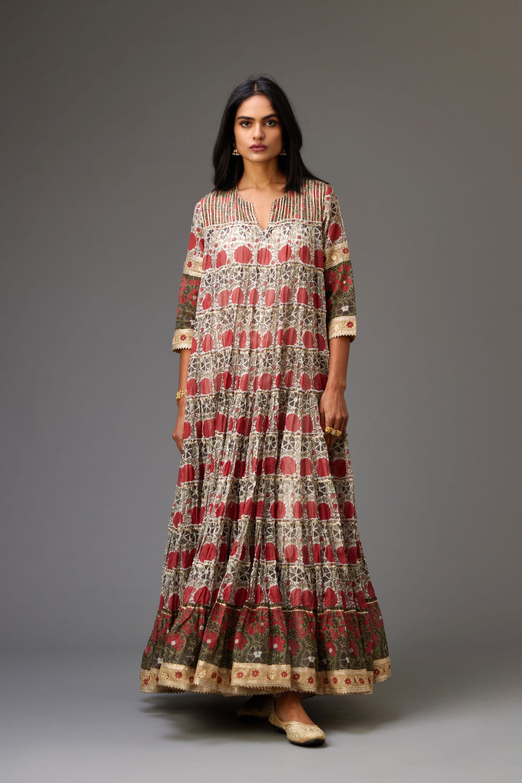 Hand block printed multi-tiered kurta dress set with 3/4 sleeves and gota detailing.