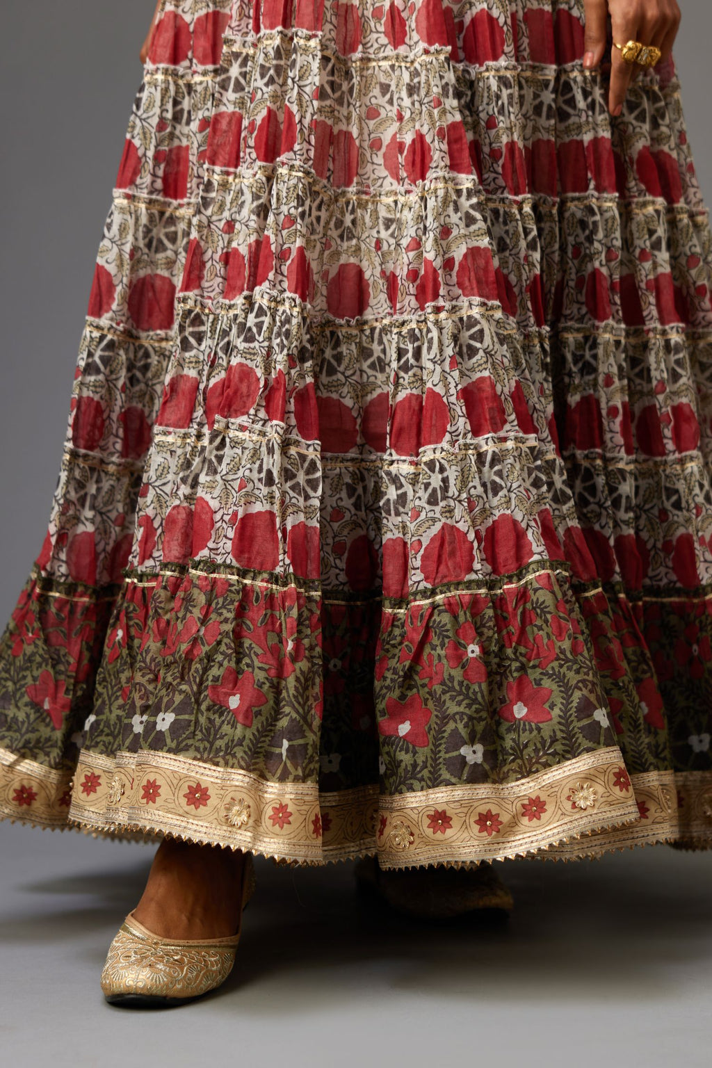 Hand block printed multi-tiered kurta dress set with 3/4 sleeves and gota detailing.