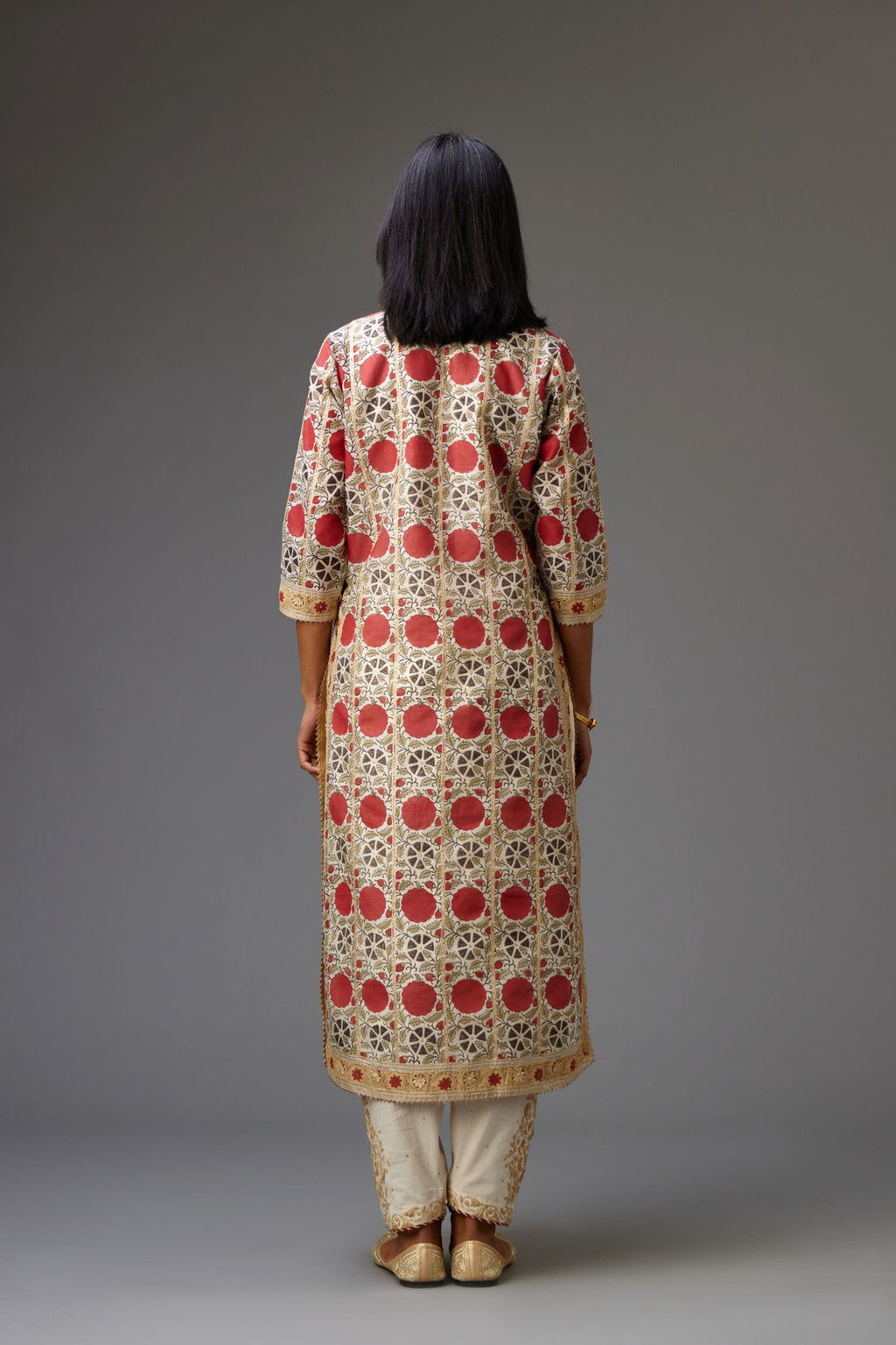 Red and off-white hand block printed straight kurta set with all-over gota detailing.