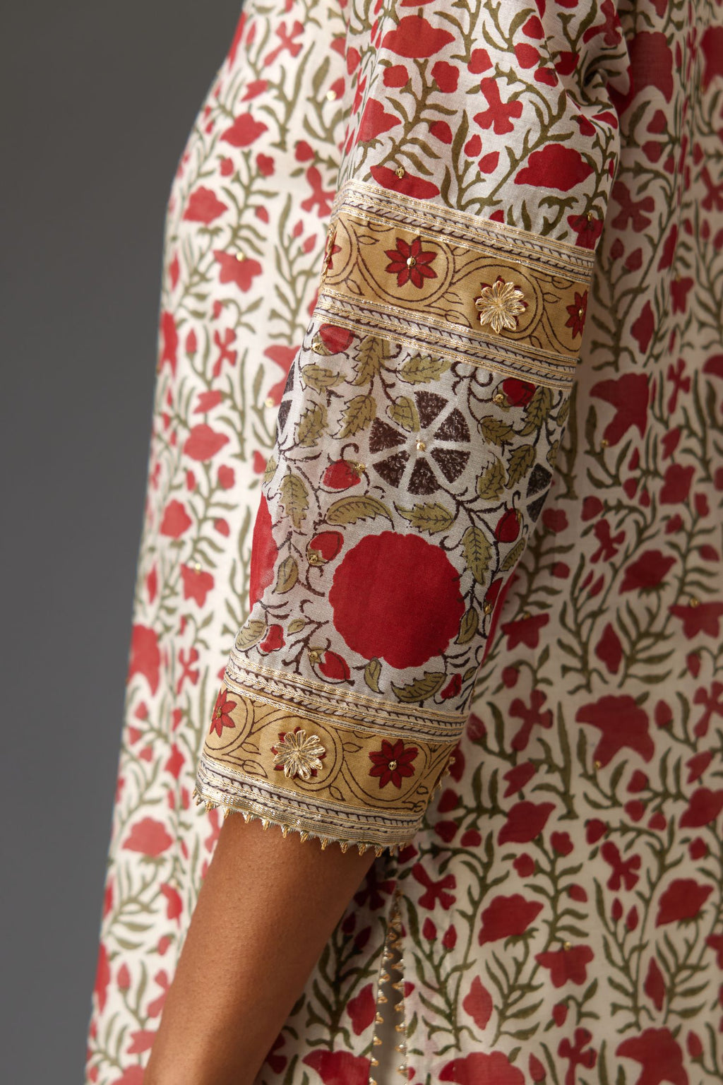 Silk chanderi hand block printed straight kurta set with all-over gota detailing.
