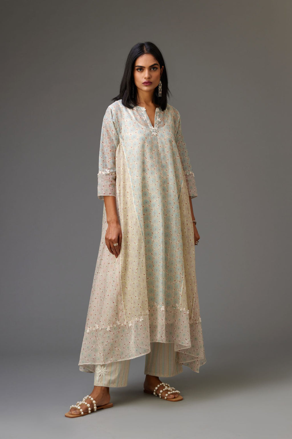 Mixed print easy fit, asymmetric hem, hand-block printed panelled kurta set with off-white embroidery, highlighted with ric rac.