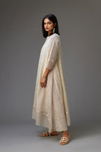 Mixed print easy fit, asymmetric hem, hand-block printed panelled kurta set with off-white embroidery, highlighted with ric rac.