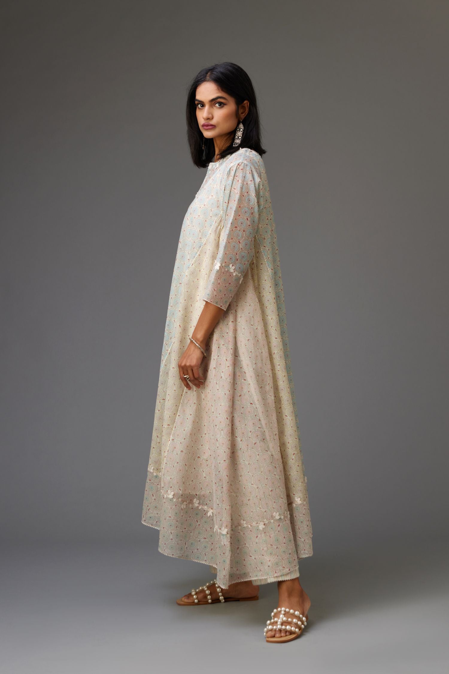 Mixed print easy fit, asymmetric hem, hand-block printed panelled kurta set with off-white embroidery, highlighted with ric rac.