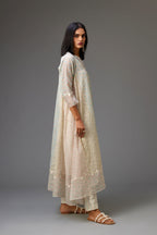 Mixed print easy fit, asymmetric hem, hand-block printed panelled kurta set with off-white embroidery, highlighted with ric rac.