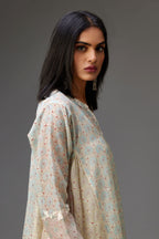 Mixed print easy fit, asymmetric hem, hand-block printed panelled kurta set with off-white embroidery, highlighted with ric rac.