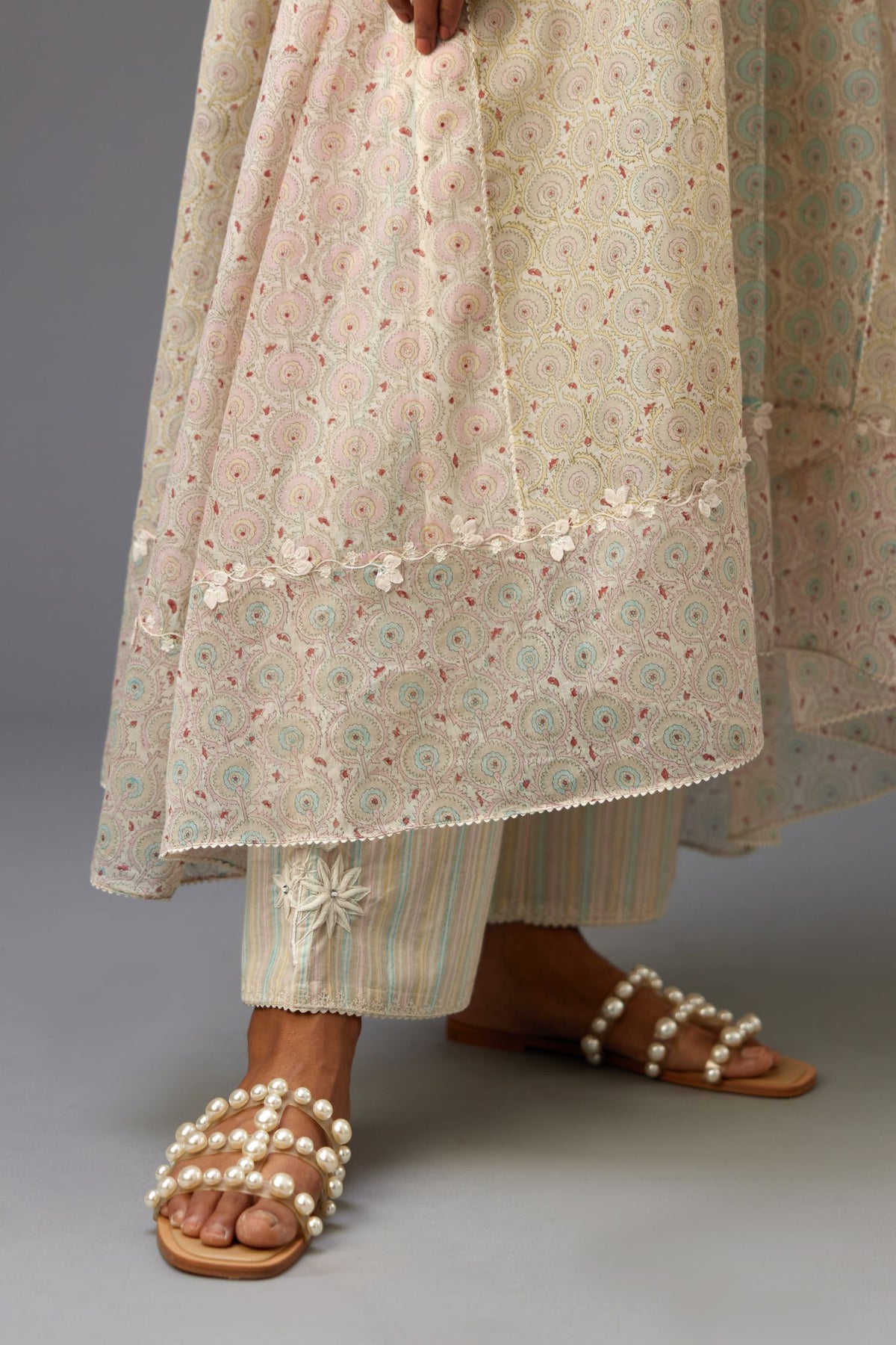 Mixed print easy fit, asymmetric hem, hand-block printed panelled kurta set with off-white embroidery, highlighted with ric rac.