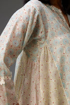 Mixed print easy fit, asymmetric hem, hand-block printed panelled kurta set with off-white embroidery, highlighted with ric rac.