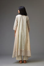 Mixed print easy fit, asymmetric hem, hand-block printed panelled kurta set with off-white embroidery, highlighted with ric rac.