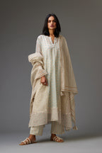 Mixed print easy fit, asymmetric hem, hand-block printed panelled kurta set with off-white embroidery, highlighted with ric rac.