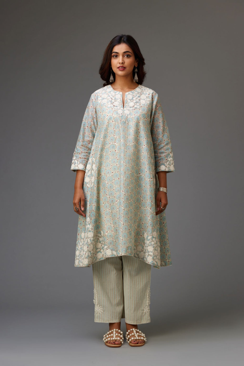 Blue & grey hand block printed short A-line kurta set with appliqué embroidery, highlighted with ric rac lace and sequins.