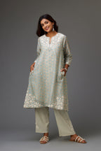 Blue & grey hand block printed short A-line kurta set with appliqué embroidery, highlighted with ric rac lace and sequins.