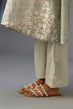 Blue & grey hand block printed short A-line kurta set with appliqué embroidery, highlighted with ric rac lace and sequins.