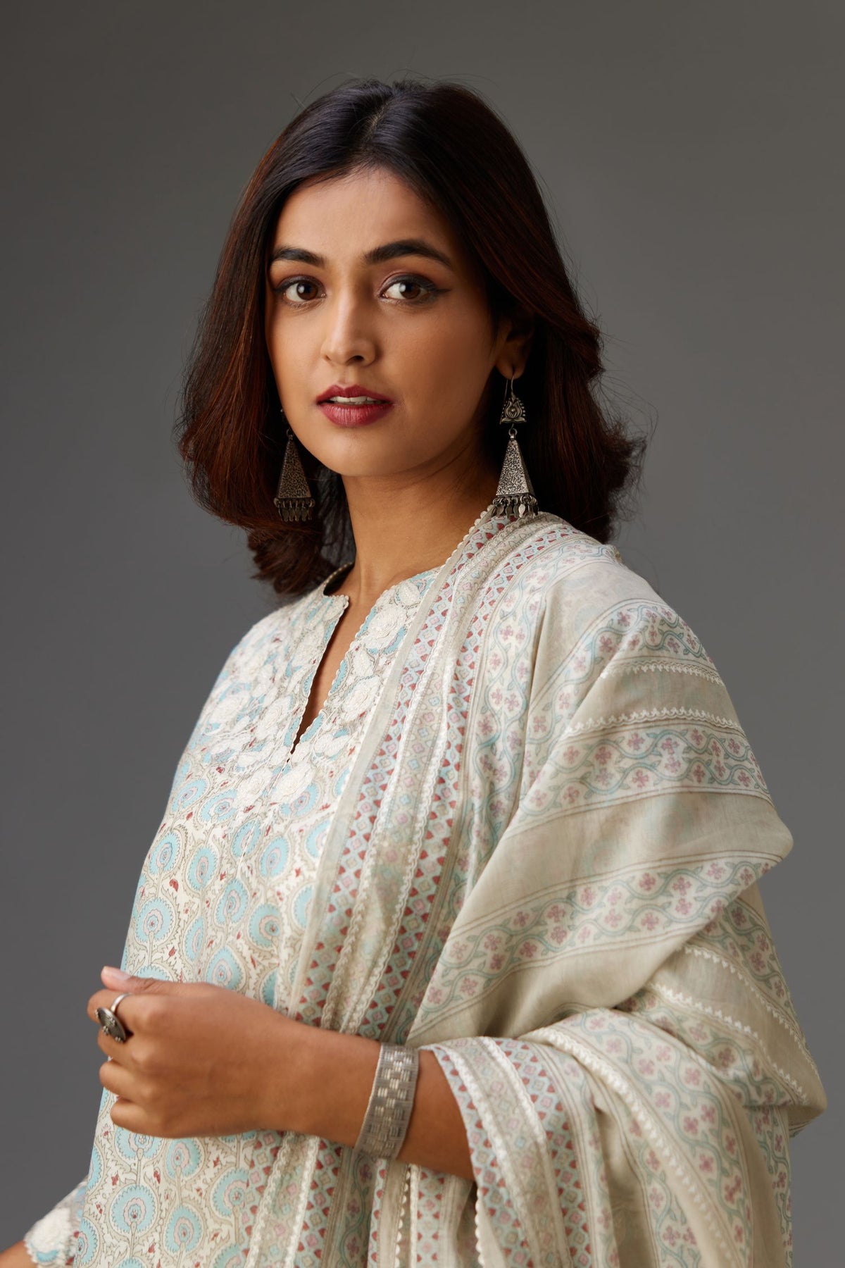 Blue & grey hand block printed Cotton Chanderi dupatta, with embroidery and ric-rac lace.