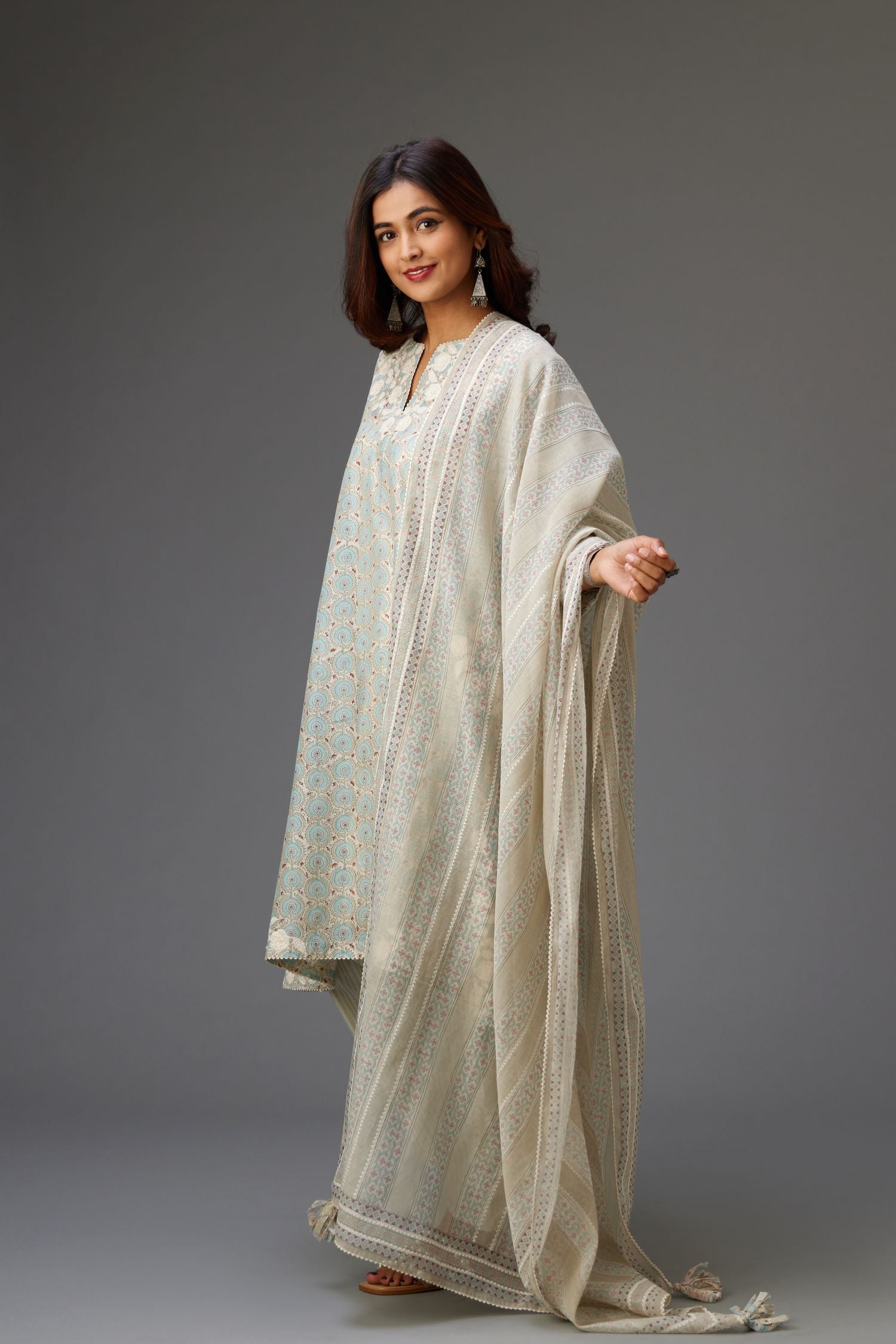 Blue & grey hand block printed Cotton Chanderi dupatta, with embroidery and ric-rac lace.