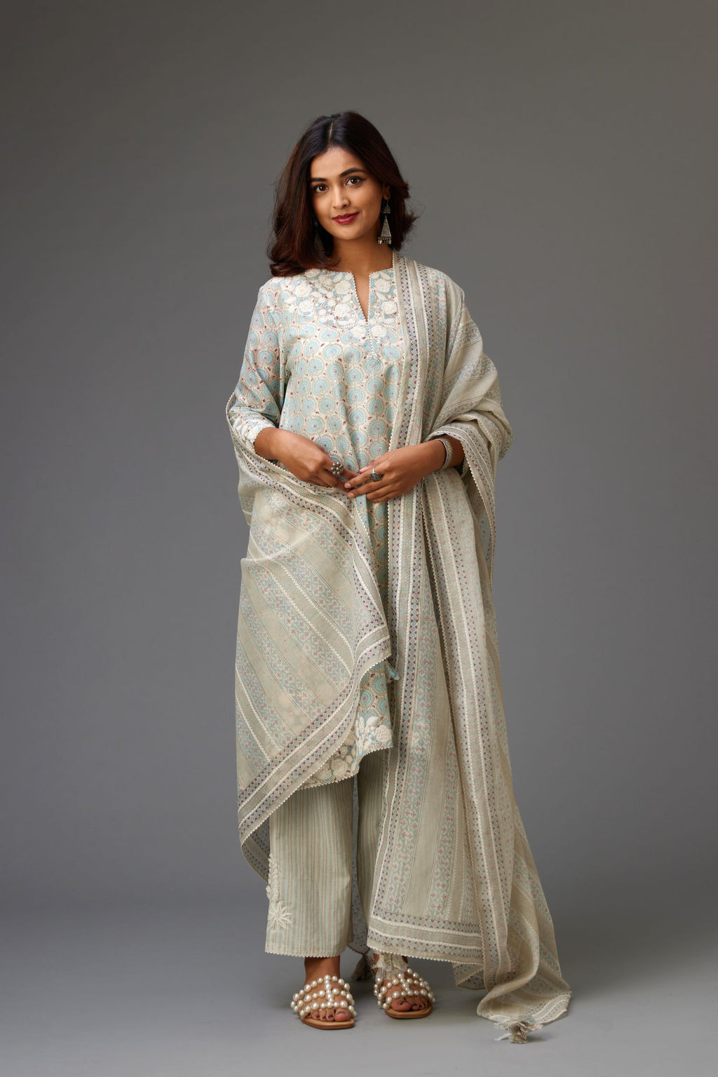 Blue & grey hand block printed Cotton Chanderi dupatta, with embroidery and ric-rac lace.