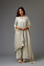 Blue & grey hand block printed short A-line kurta set with appliqué embroidery, highlighted with ric rac lace and sequins.