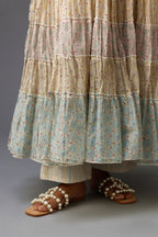 Mixed-print hand-block printed tiered kurta set with thread embroidery, highlighted with sequins.