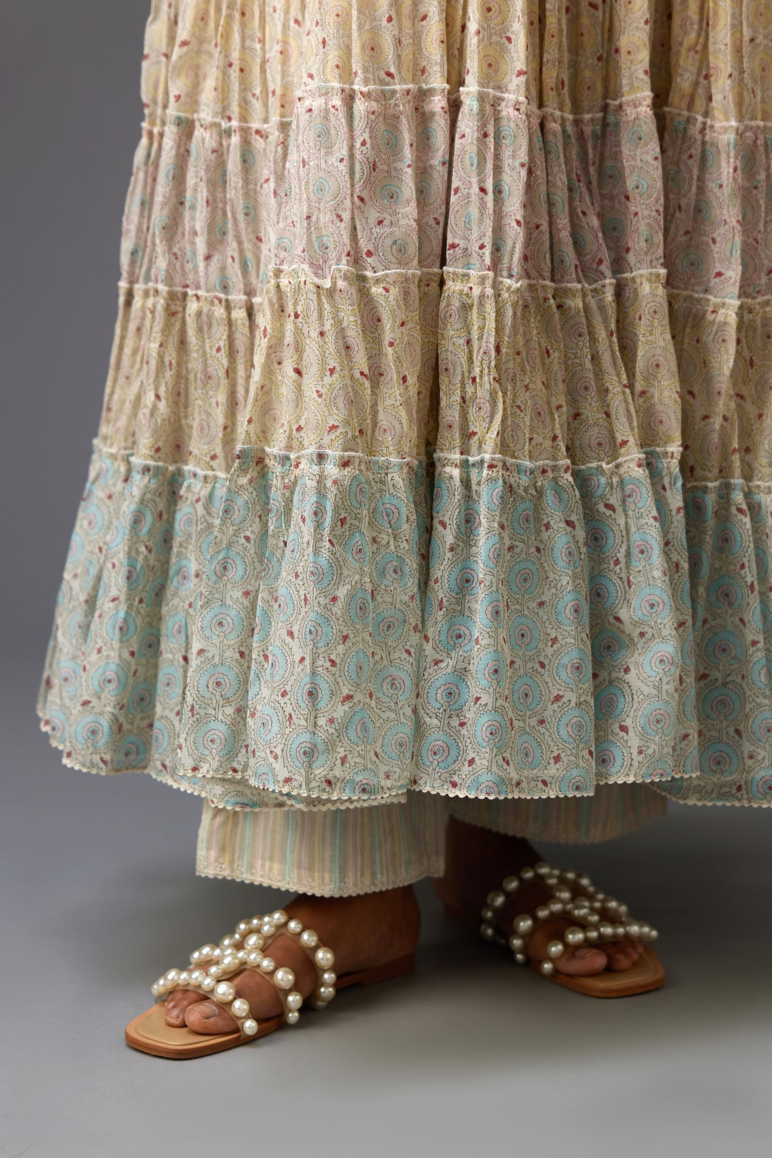 Mixed-print hand-block printed tiered kurta set with thread embroidery, highlighted with sequins.