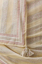 Mixed-print hand-block printed tiered kurta set with thread embroidery, highlighted with sequins.