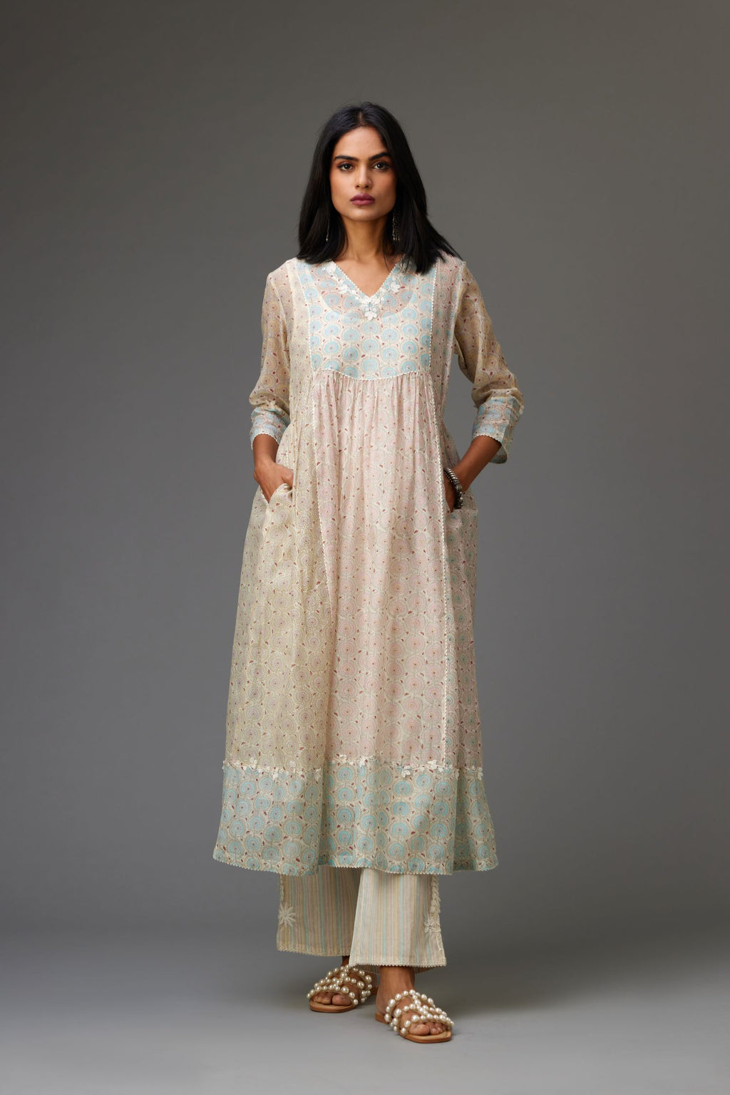 Mixed print hand-block printed easy fit straight kurta set with thread and chiffon embroidery flowers.