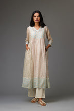 Mixed print hand-block printed easy fit straight kurta set with thread and chiffon embroidery flowers.