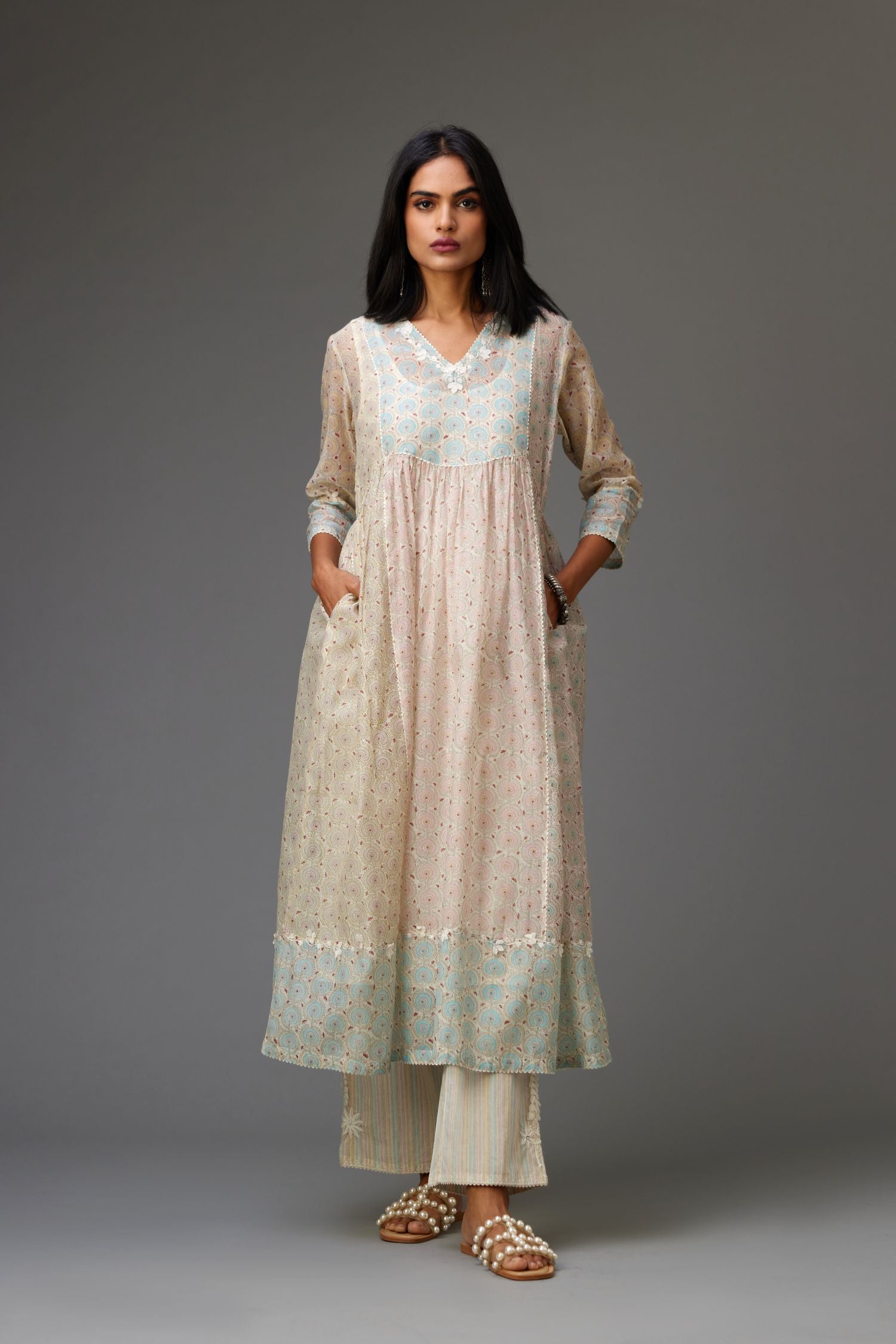 Mixed print hand-block printed easy fit straight kurta set with thread and chiffon embroidery flowers.