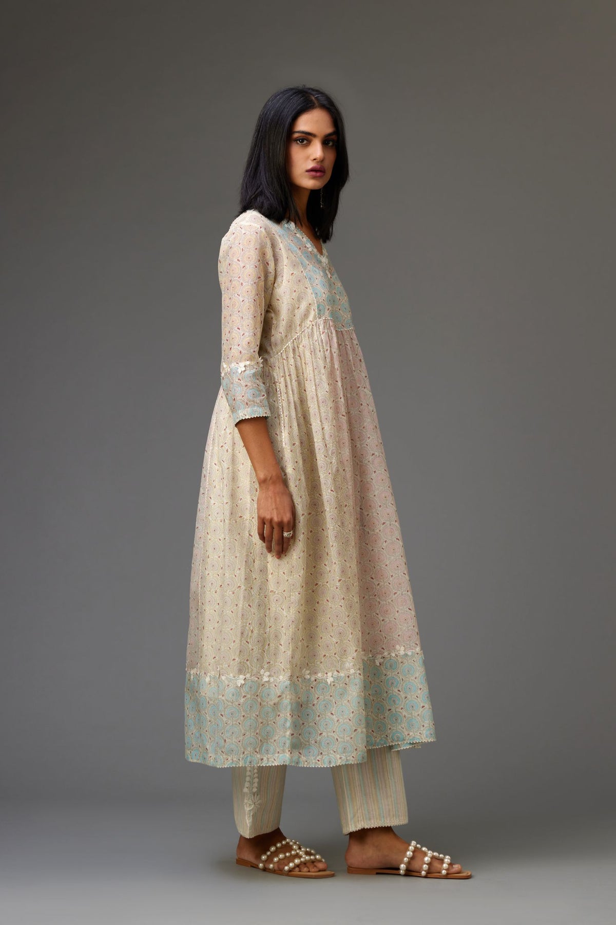 Mixed print hand-block printed easy fit straight kurta set with thread and chiffon embroidery flowers.