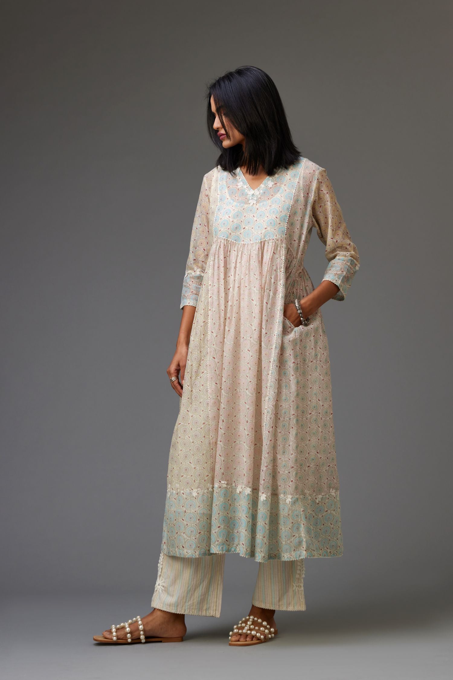 Mixed print hand-block printed easy fit straight kurta set with thread and chiffon embroidery flowers.