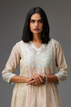 Mixed print hand-block printed easy fit straight kurta set with thread and chiffon embroidery flowers.