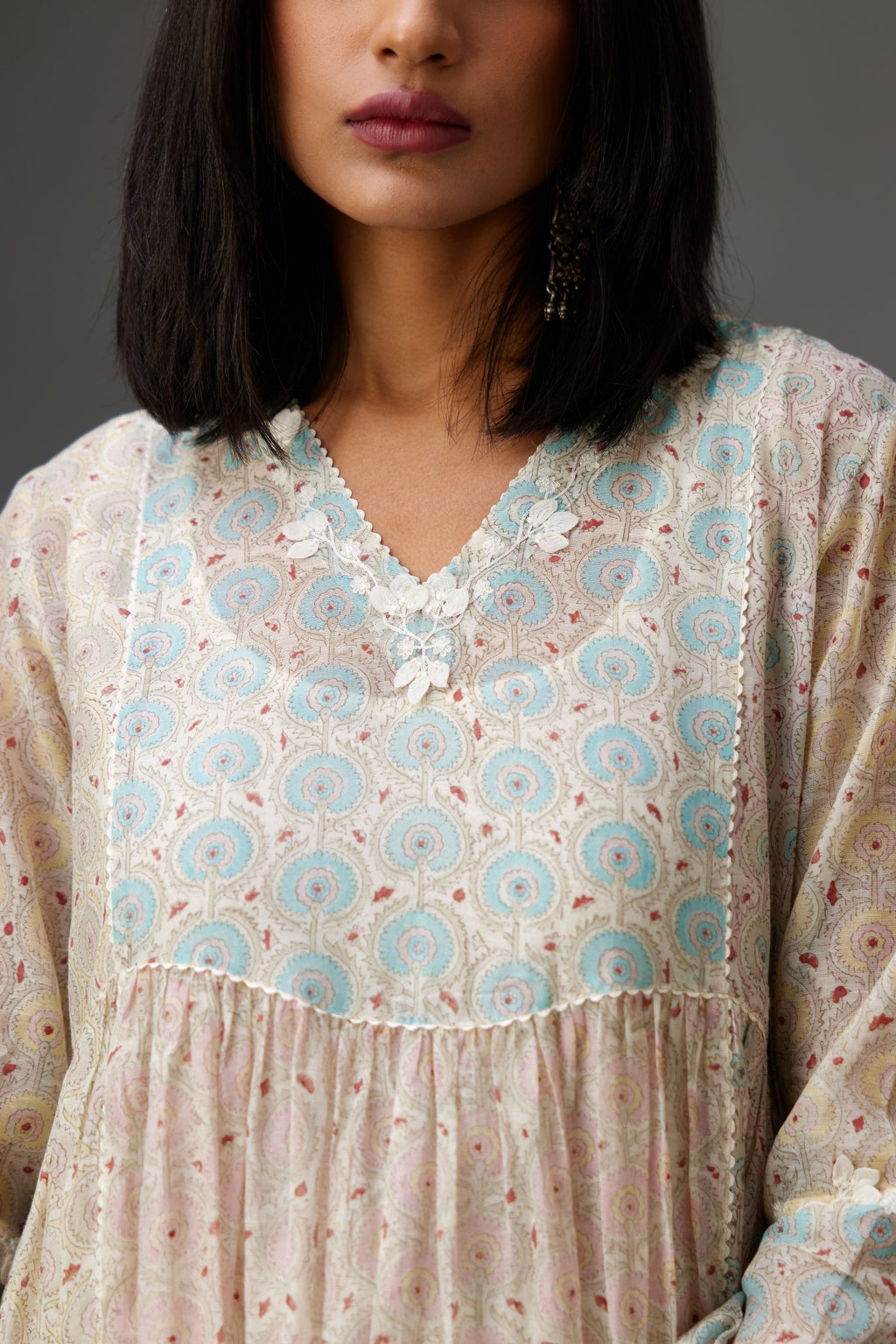 Mixed print hand-block printed easy fit straight kurta set with thread and chiffon embroidery flowers.