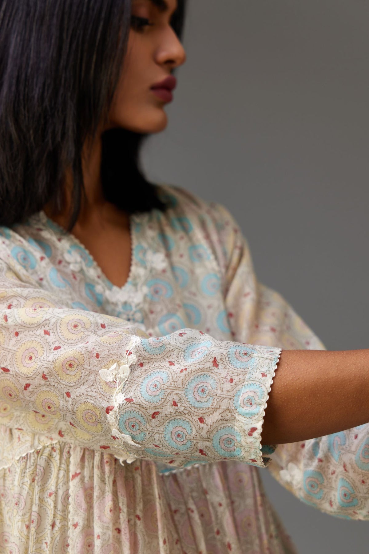 Mixed print hand-block printed easy fit straight kurta set with thread and chiffon embroidery flowers.