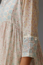Mixed print hand-block printed easy fit straight kurta set with thread and chiffon embroidery flowers.