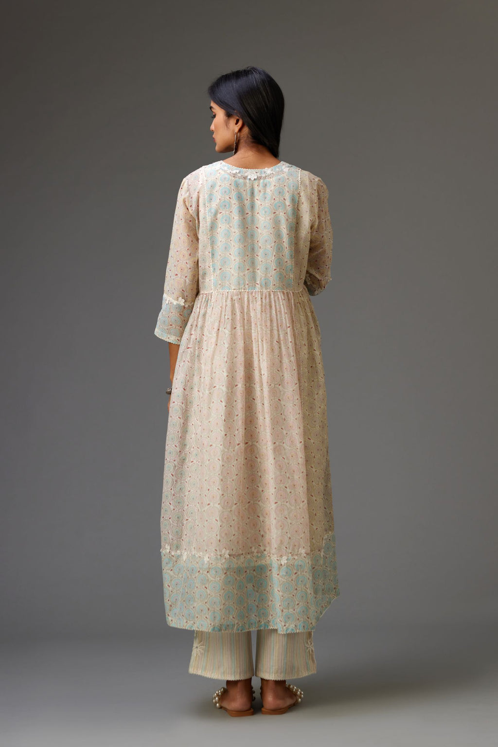 Mixed print hand-block printed easy fit straight kurta set with thread and chiffon embroidery flowers.